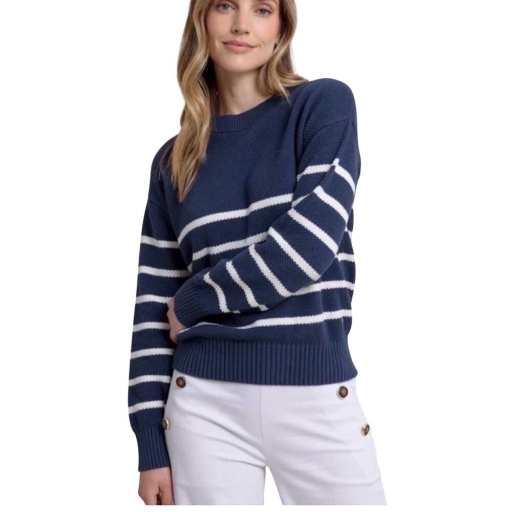 Southern Tide Navy Stripe Cotton Cashmere Mock Neck Sweater, Women's Large